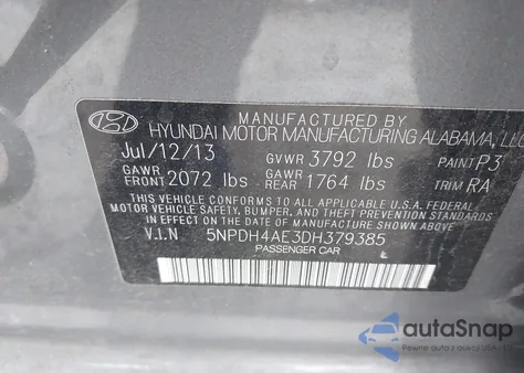 2013 Hyundai Elantra Limited z USA, uszkodzony, nr VIN 5NPDH4AE3DH379385